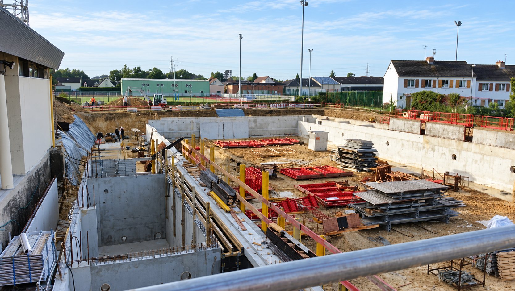 Vue en hauteur d'un chantier avec murs en béton, coffrages rouges et matériaux empilés, avec des maisons et des mâts d'éclairage en arrière-plan.
