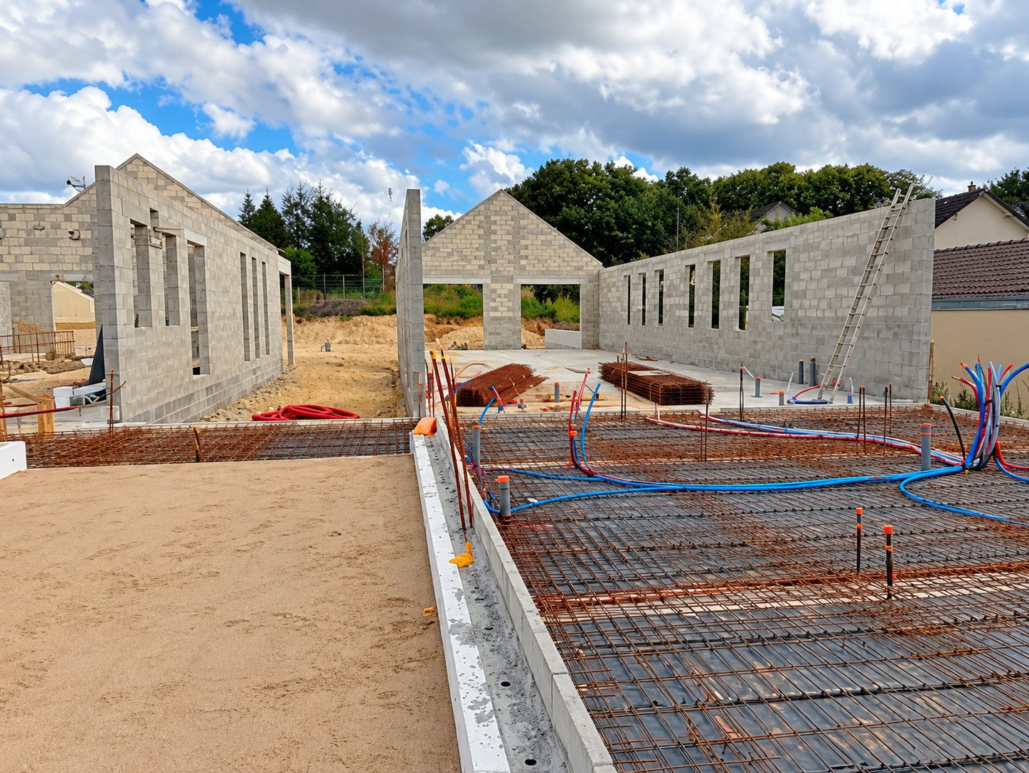 Chantier du centre de loisirs des Aix-d’Angillon : murs en parpaings, plancher en cours de ferraillage et tuyaux bleus au premier plan.