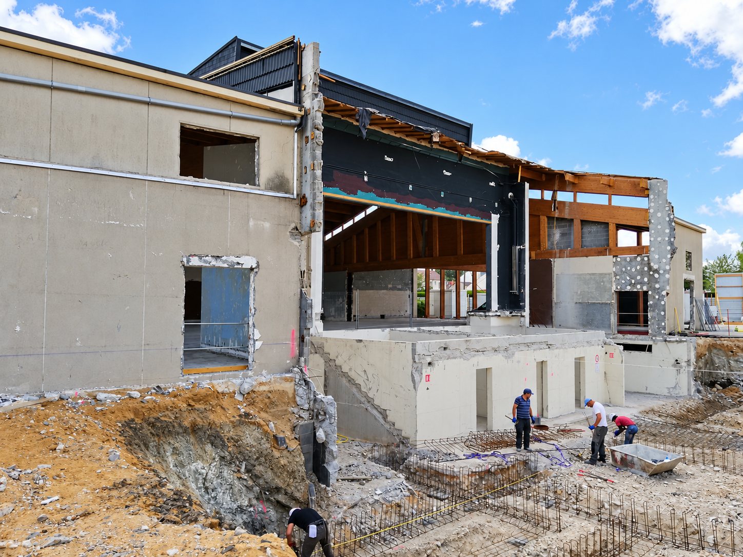 Des ouvriers travaillent sur les fondations et le ferraillage devant un bâtiment en cours de démolition partielle, sous un ciel bleu.