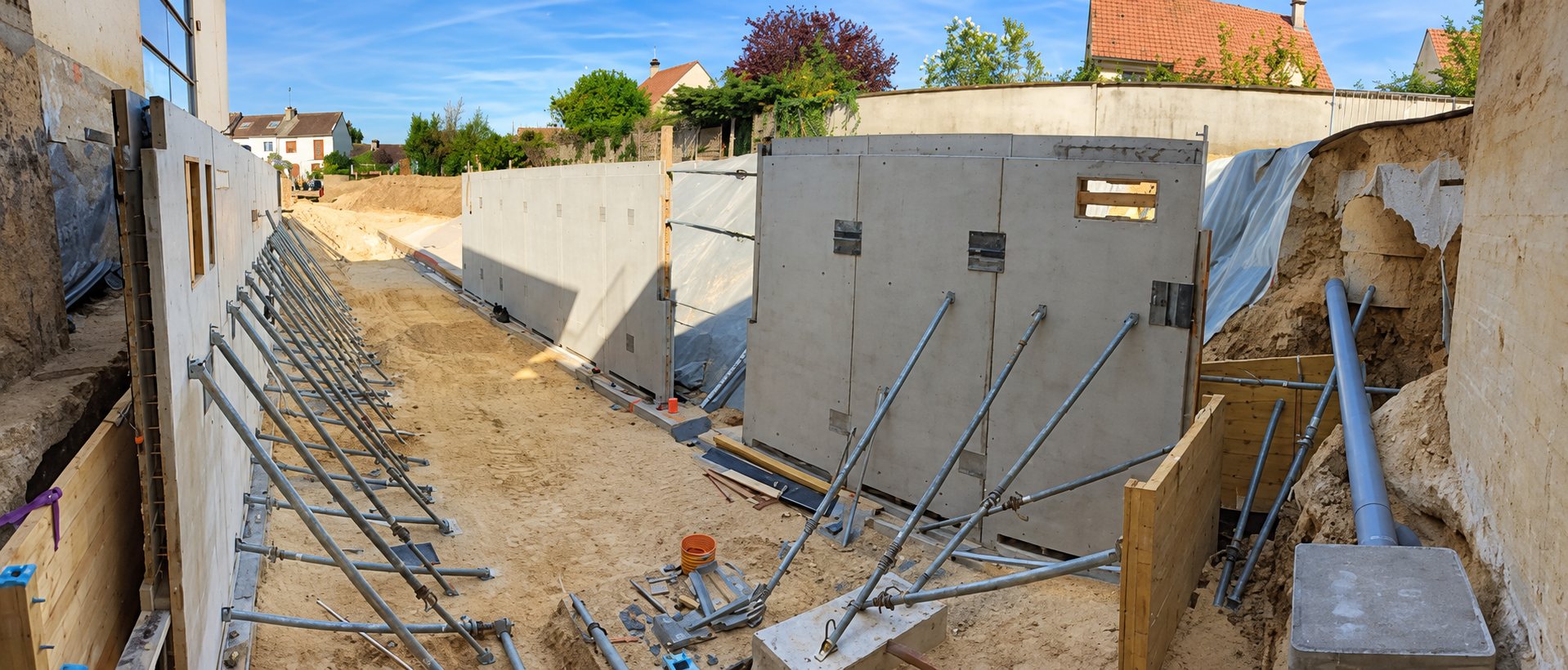 Vue panoramique d'un chantier de terrassement où de hauts murs en béton préfabriqué sont maintenus par de nombreux étais métalliques inclinés, avec des maisons en arrière-plan.