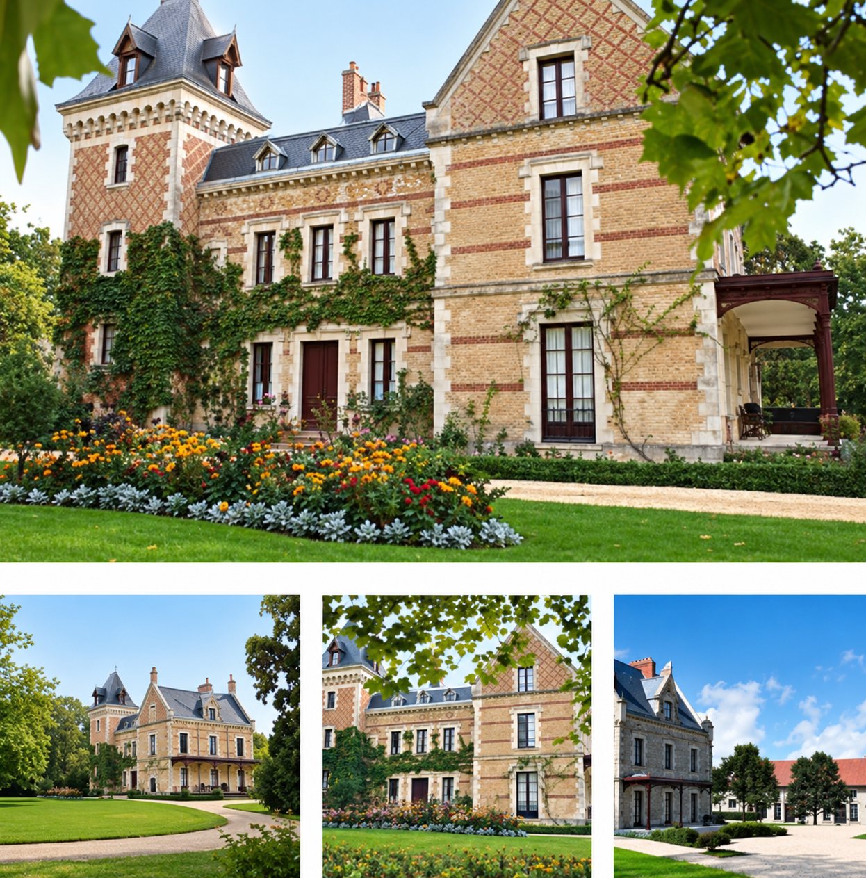 Collage de photos d'un château en brique rouge et pierre claire, avec une tour à toit d'ardoise, des massifs de fleurs au premier plan et une pelouse verte.