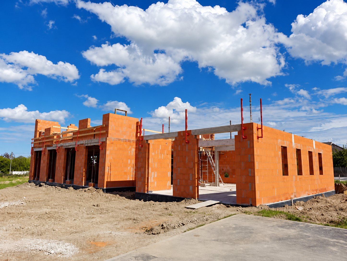 Chantier d'une maison en cours de construction avec des murs en briques alvéolaires orange, sous un ciel bleu nuageux.