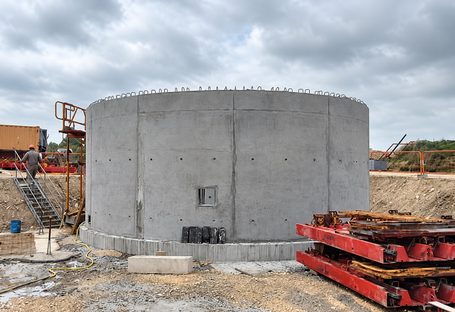 Une grande cuve cylindrique en béton armé dont les fers d'attente dépassent au sommet, entourée d'un chantier avec des éléments rouges au premier plan et un escalier métallique à gauche.