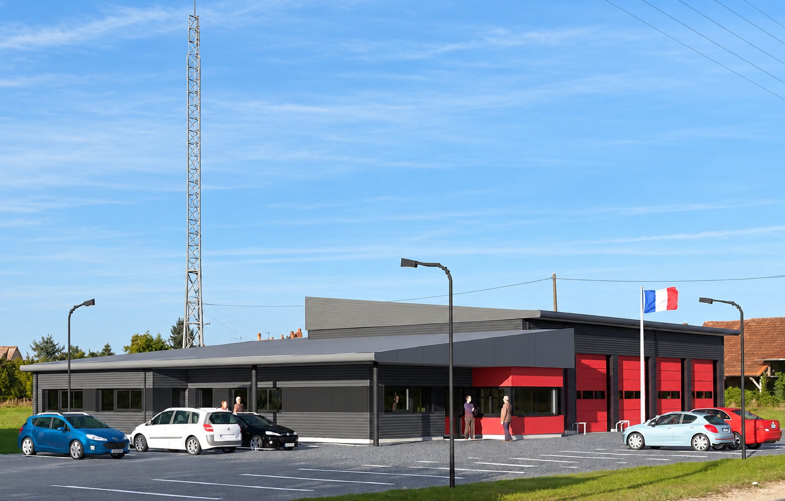 Image de synthèse d'une caserne de pompiers moderne au bardage gris sombre, avec quatre portes de remise rouges, un drapeau français, un pylône et des voitures garées devant.