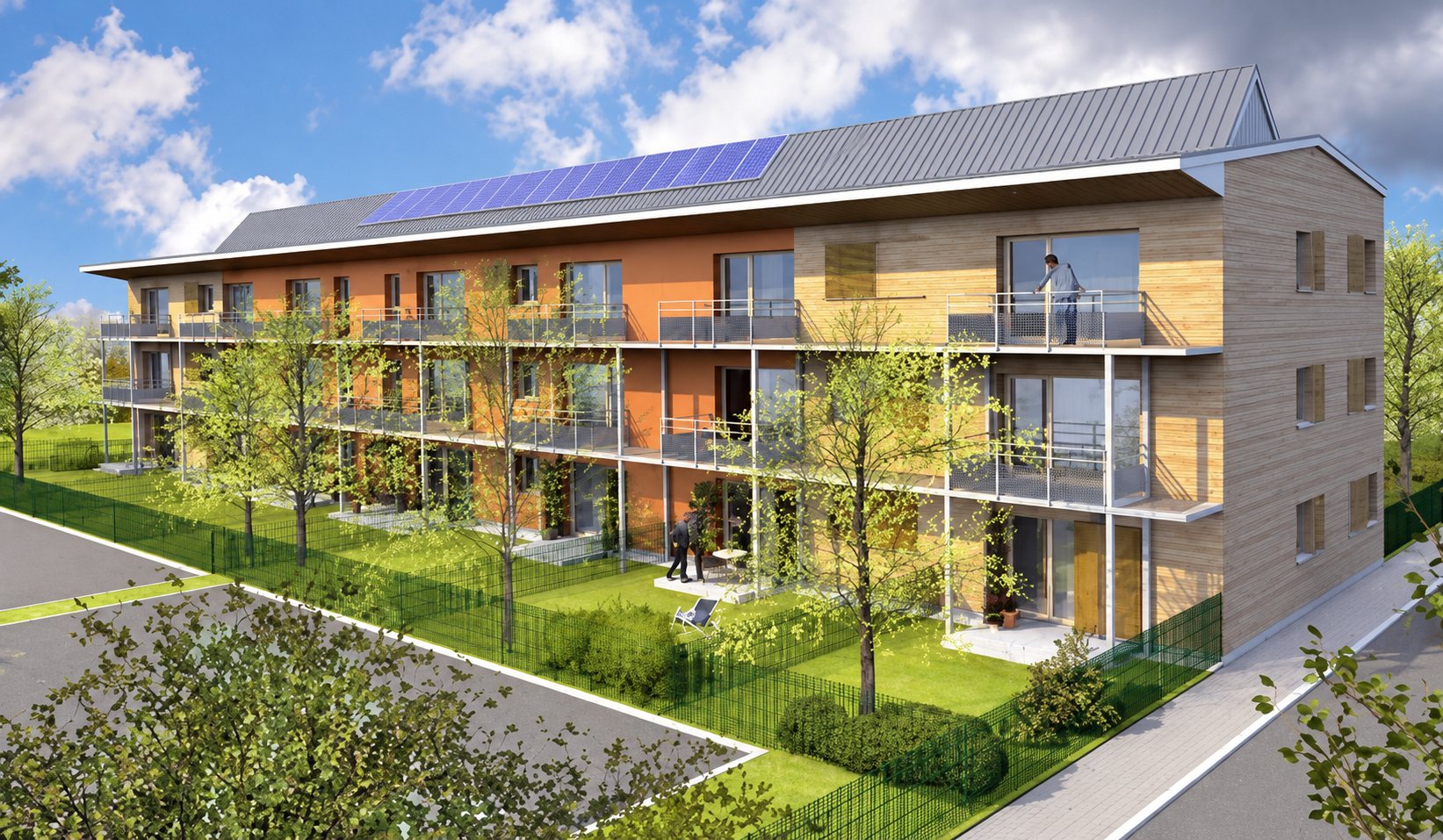 Rendu 3D d’un immeuble résidentiel à balcons et panneaux solaires