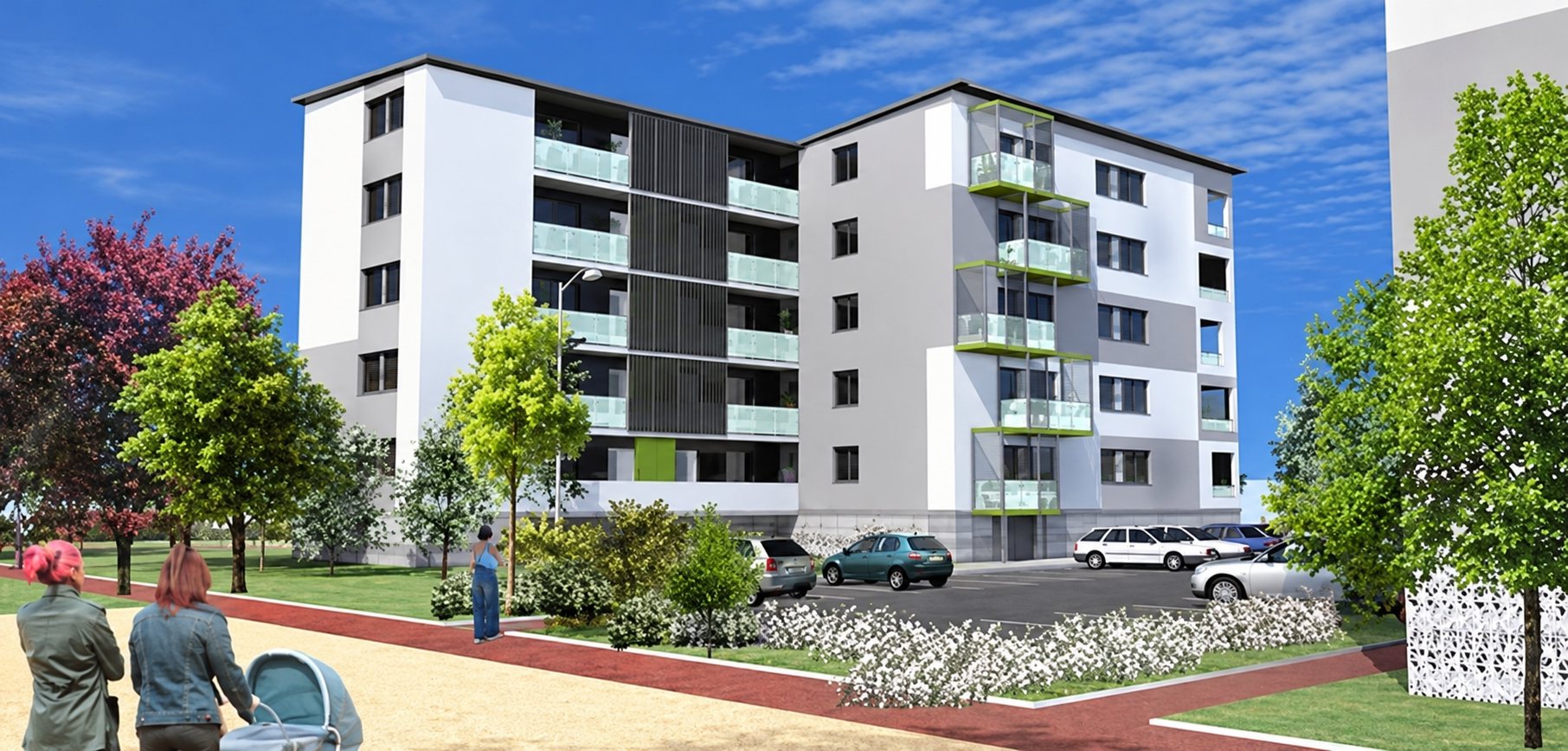 Image de synthèse d'un immeuble d'habitation moderne de cinq étages avec balcons, parking et espaces verts, où des passants promènent une poussette au premier plan.