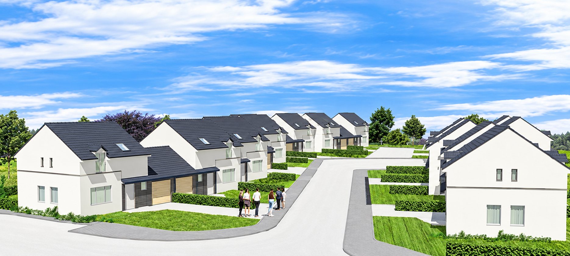 Image de synthèse d'un lotissement de maisons blanches à toits gris le long d'une route, avec des pelouses et quelques personnages au centre.