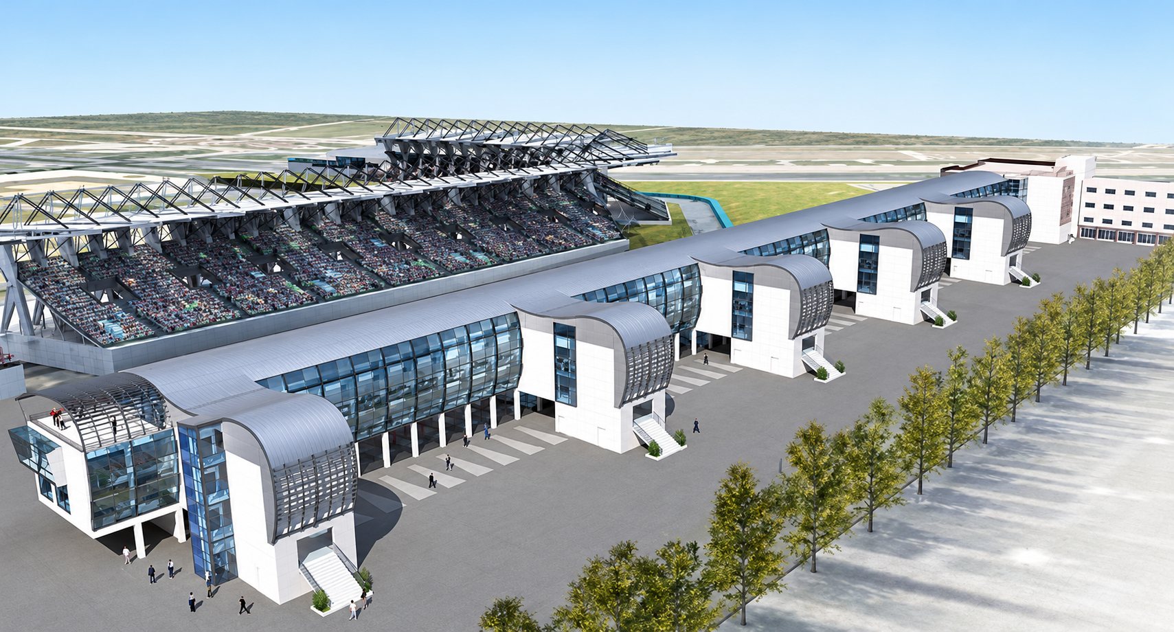 Image de synthèse d'une grande tribune couverte de circuit automobile, bordée de stands blancs et vitrés et d'arbres alignés.