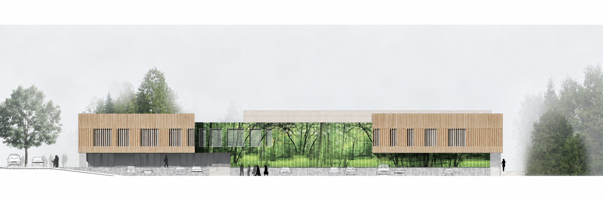 Illustration d'architecte de la façade d'un bâtiment bas aux volumes revêtus de bois, avec une partie centrale vitrée imprimée d'un paysage de forêt, entourée d'arbres et de quelques personnages.
