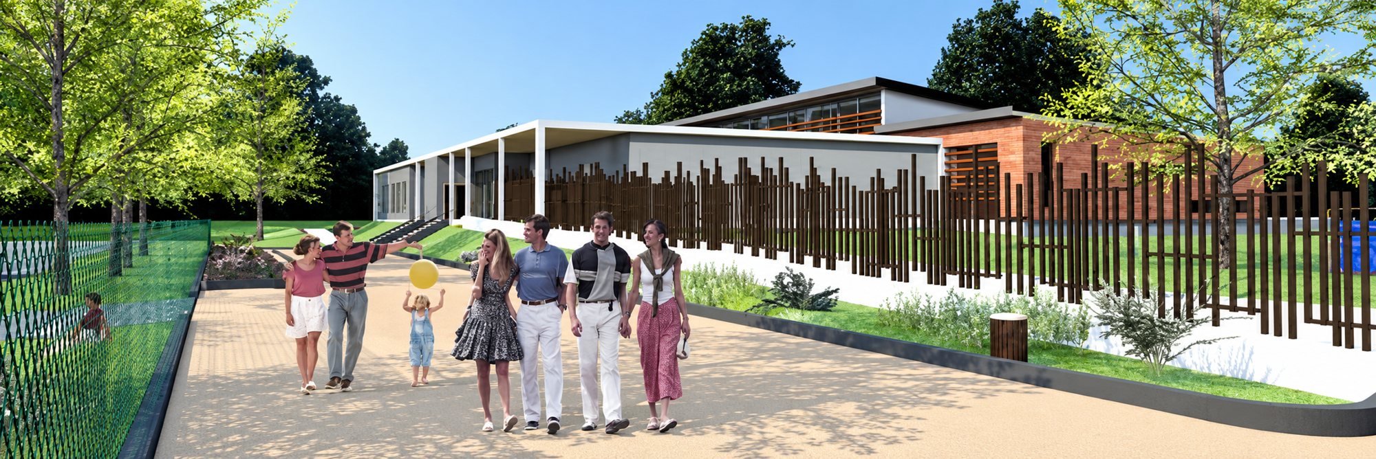 Image de synthèse d'un bâtiment moderne à toit plat bordé d'une clôture en bois, avec un groupe de personnes marchant sur une allée entourée d'arbres.