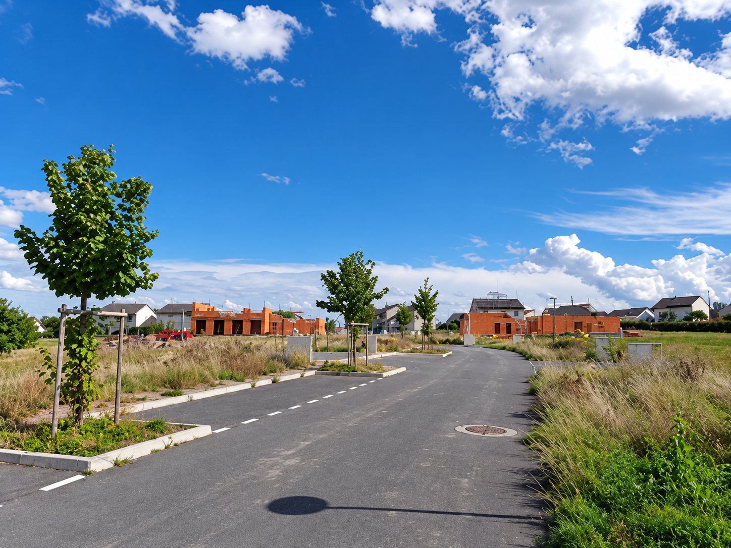 Une route fraîchement goudronnée traverse un lotissement en construction, avec de jeunes arbres, des terrains herbeux et des maisons en chantier sous un ciel bleu.