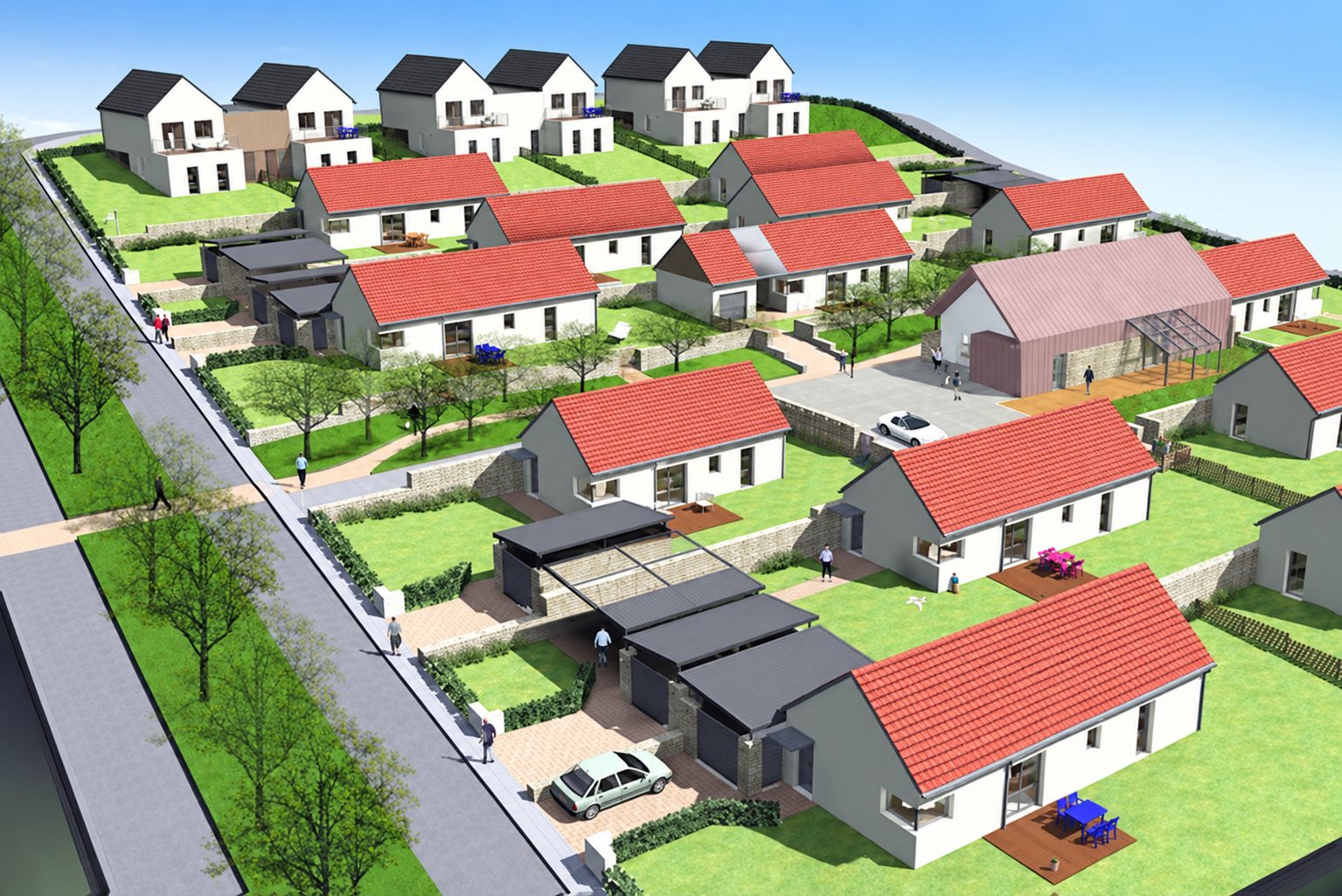 Image de synthèse d'un lotissement vu du dessus avec des maisons de plain-pied à toits rouges, des jardins et des allées.